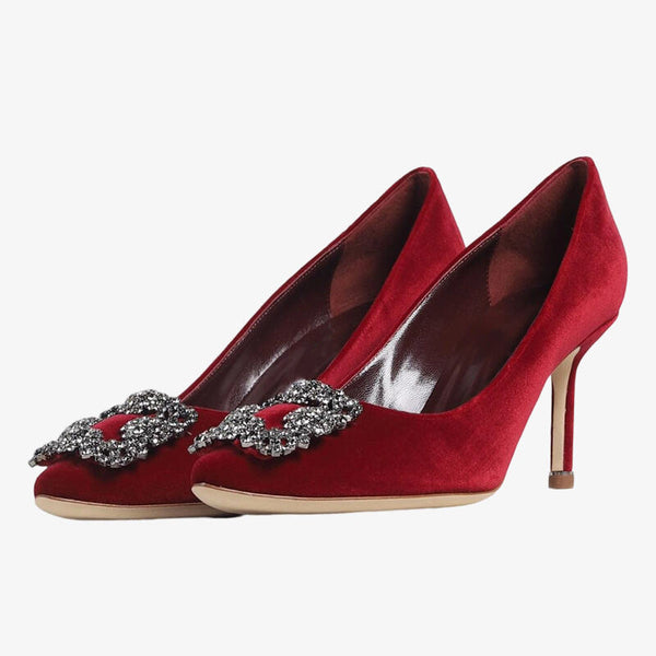 Burgundy Velvet Buckle Pumps
