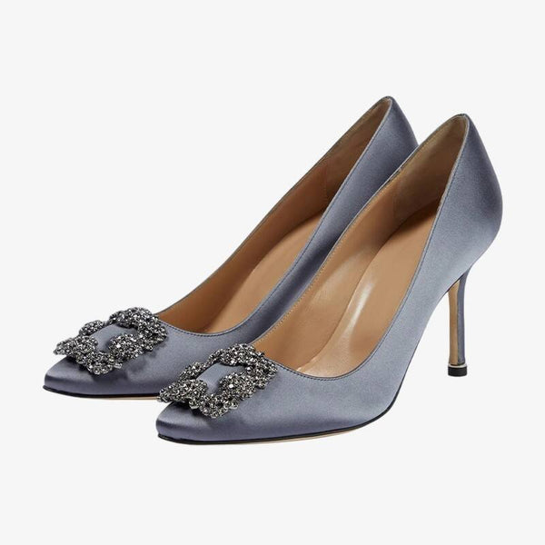 Grey Satin Pumps with Crystal Buckle