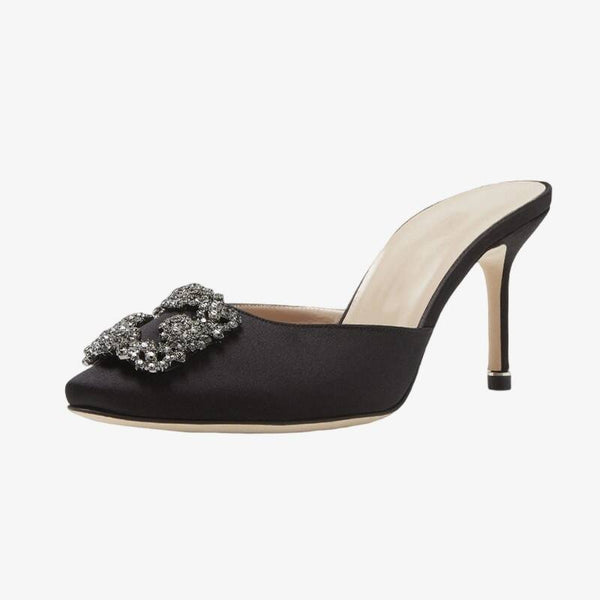 Black Satin Crystal Buckle Mules