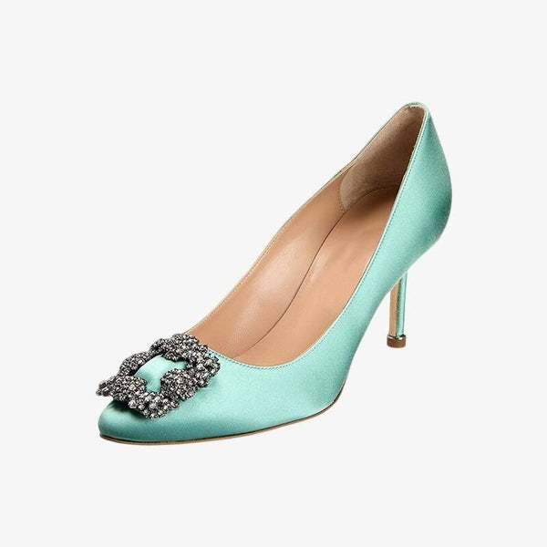 Crystal Buckle Green Pumps
