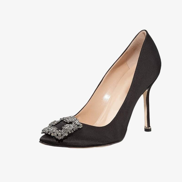 Satin Crystal-Embellished Black Heels