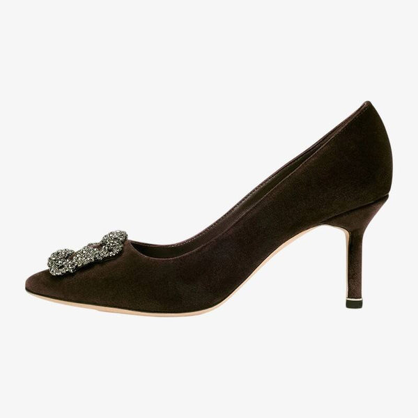 Velvet Crystal Buckle Brown Pumps