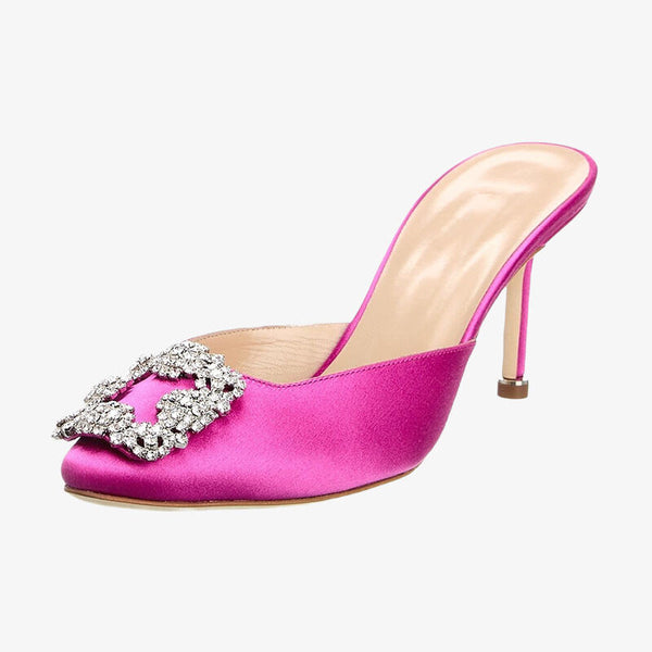 Pink Crystal Buckle Satin Mules