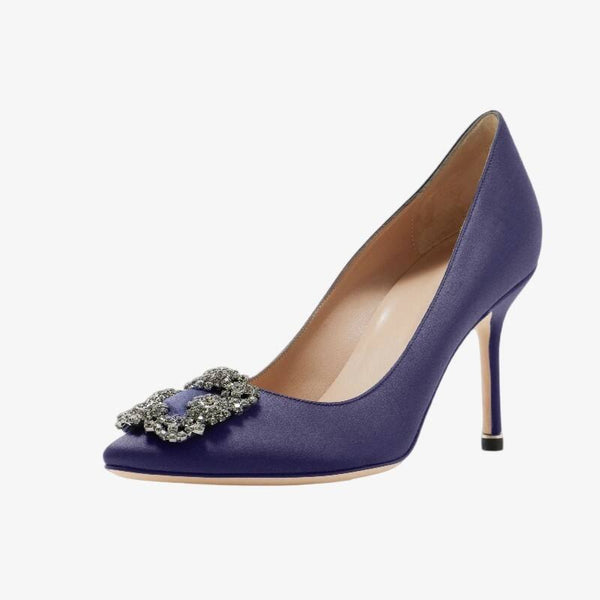 Crystal Buckle Dark Blue Satin Pumps