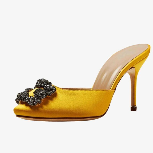 Satin Crystal Golden Mules