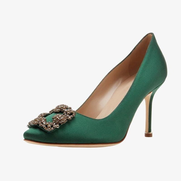 Crystal Buckle Satin Green Pumps