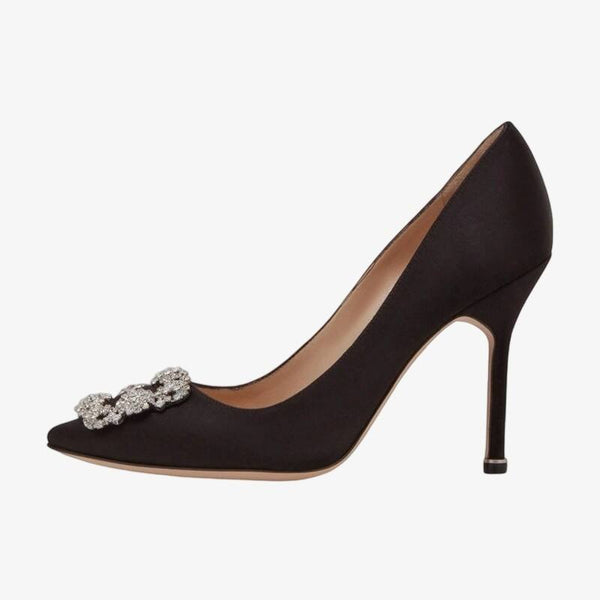 Crystal Buckle Satin Black Pumps
