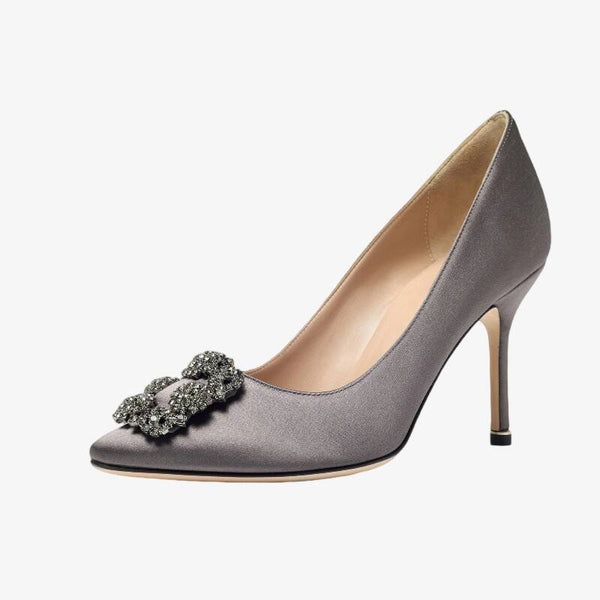 Dark Grey Pumps with Crystal Buckle