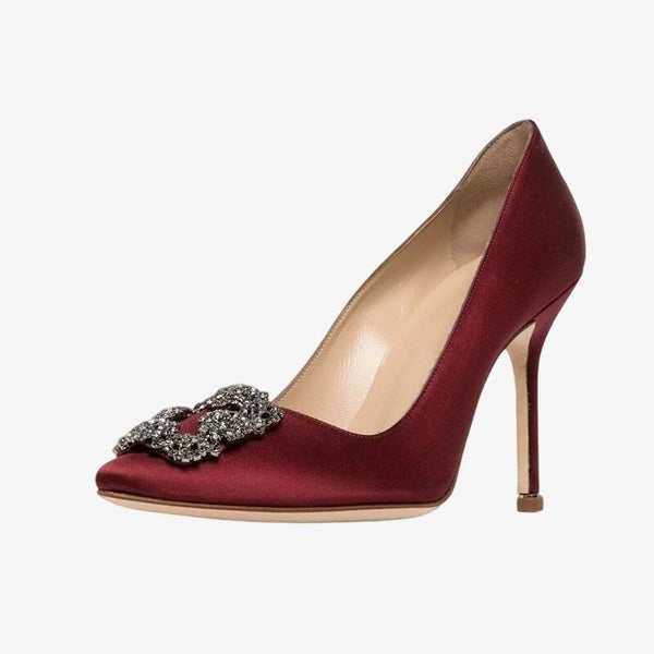 Wine Satin Crystal Pumps