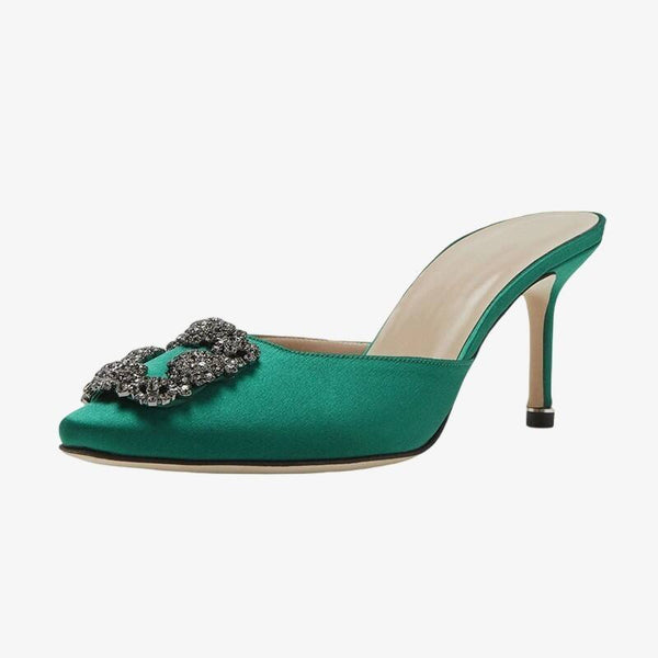 Green Satin Almond Toe Mules