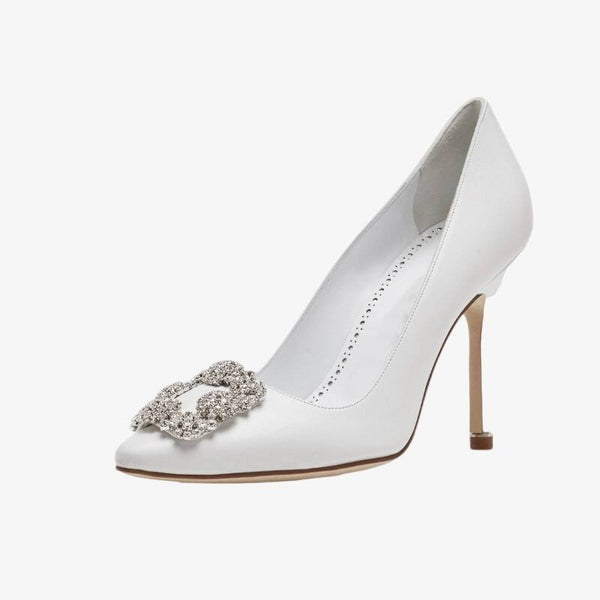 White Crystal Buckle Leather Pumps