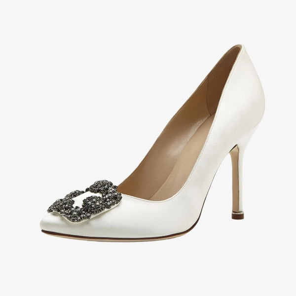Satin White Pumps with Crystal Buckle