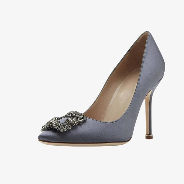 Crystal Buckle Grey Satin Pumps