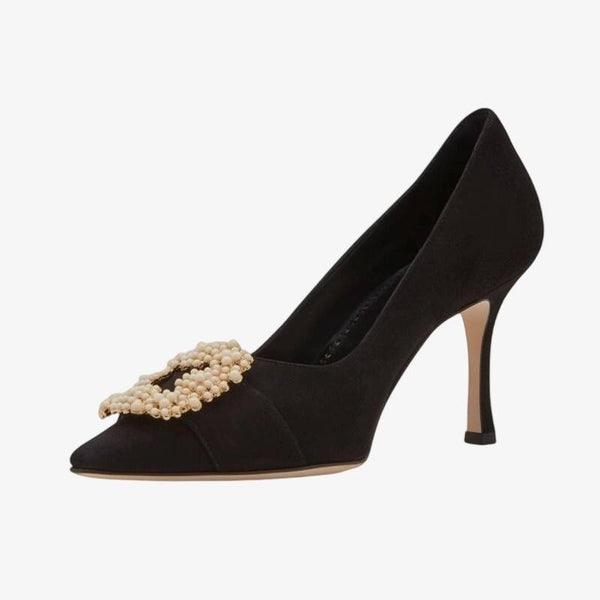 Pearl Buckle Suede Black Pumps