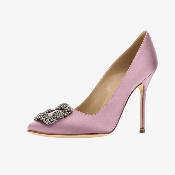 Purple Satin Pumps with Crystal Buckle