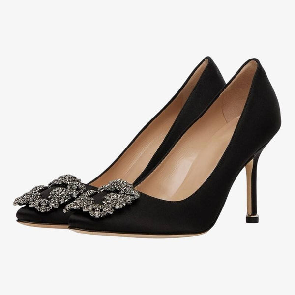 Black Satin Pointed-Toe Heels