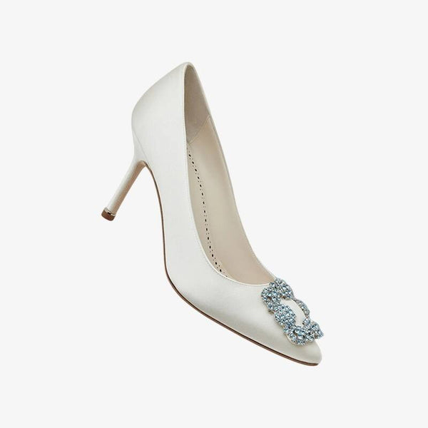 Crystal Buckle Cream Satin Pumps