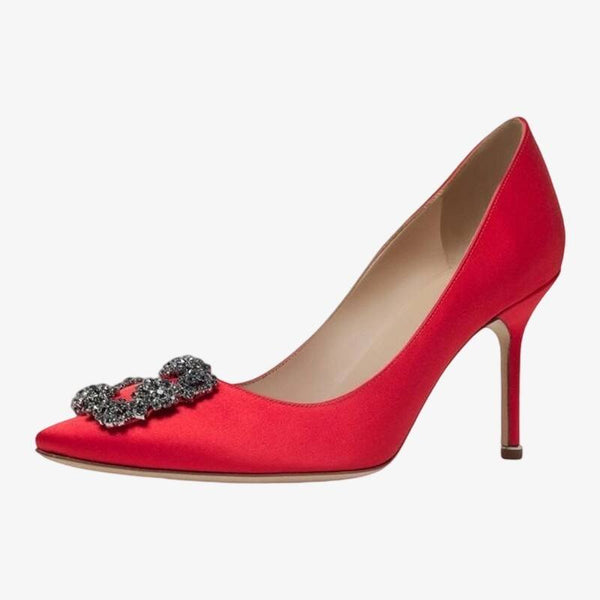 Bright Red Pumps with Crystal Buckle