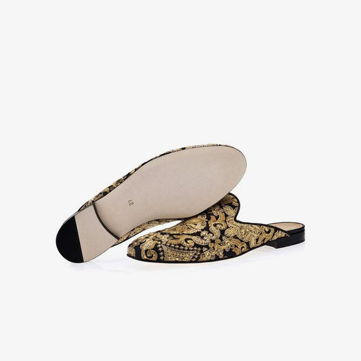Gold Embroidered Canvas Mules Sandals - ARNO CONTI