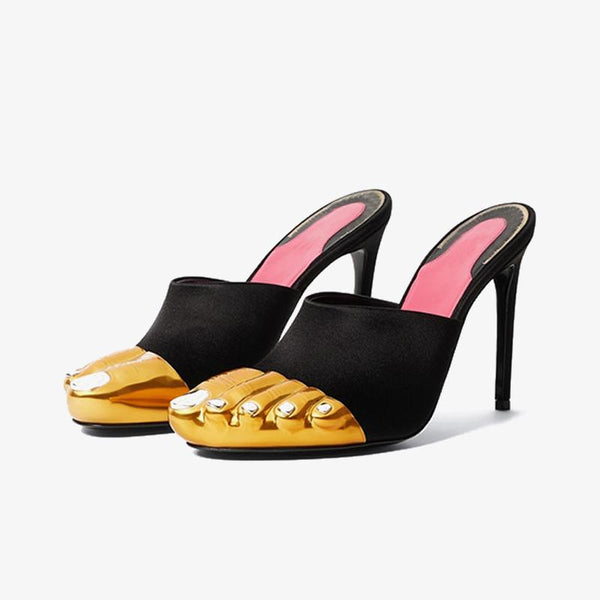 Satin Mules 100mm with Golden Details - Arno Conti Shoe