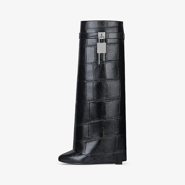 Luxe Black Crocodile-Embossed High Boots - Arno Conti Shoe