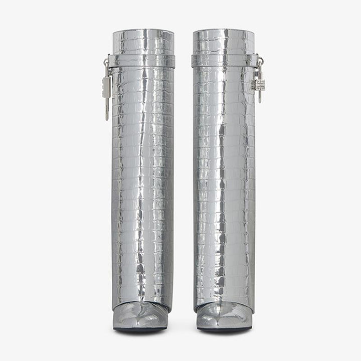 Sleek Silvery Crocodile-Embossed High Boots - Arno Conti Shoe